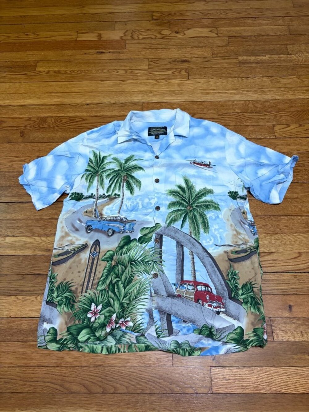 Hawaiian Reserve Collection Men's Button Up Shirt Size XL Blue Floral Car Resort